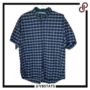 Salty Dog XL Short Sleeve White Water Chambray Blue‎ / Green Plaid Shirt